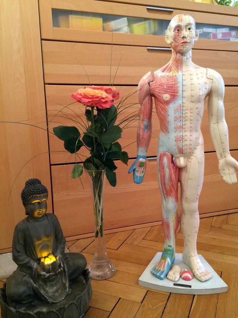 Foto mit Buddha, Rose, Akupunkturpuppe